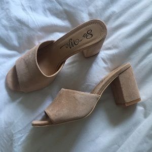 Tan suede heeled mules